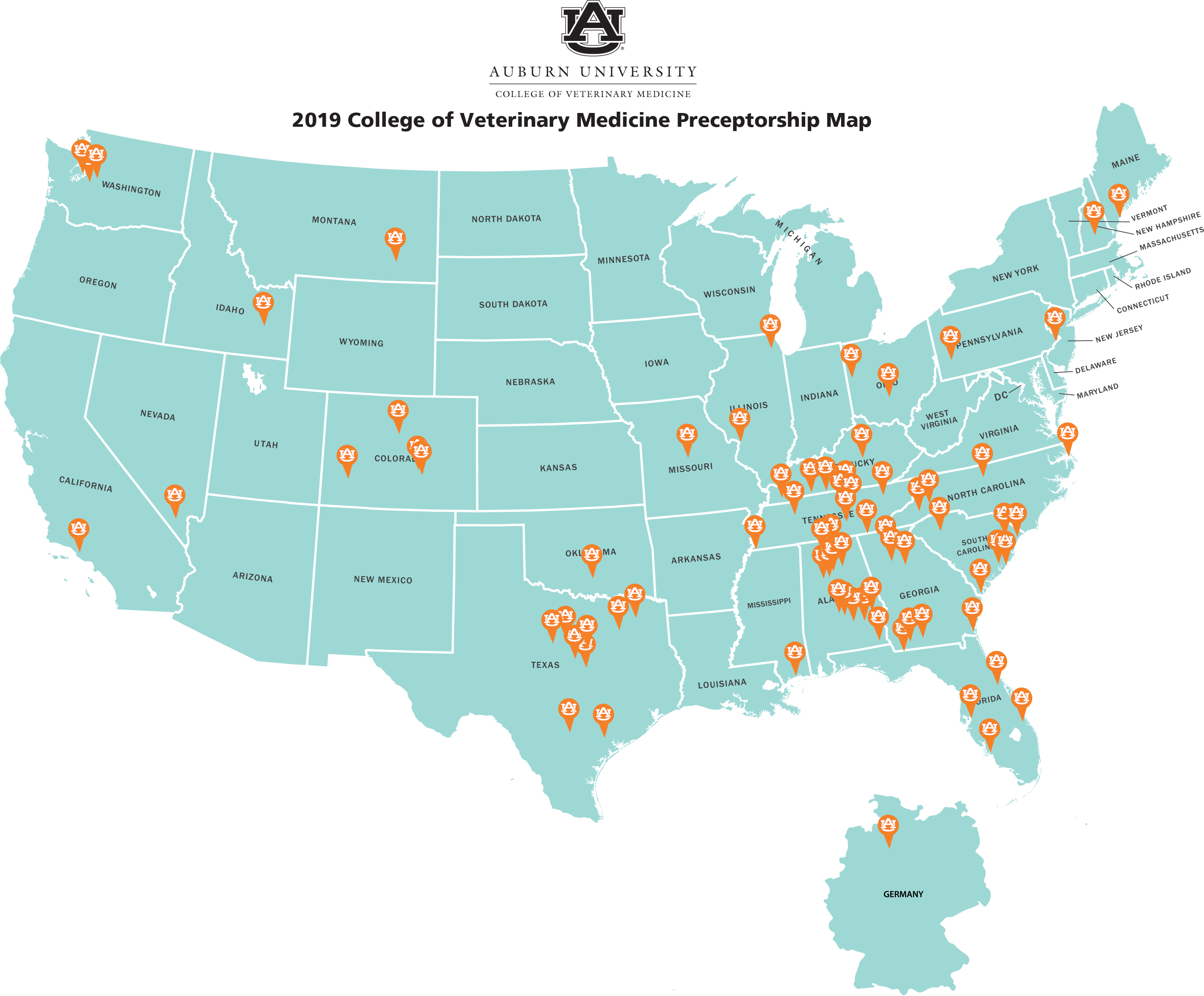 A United States map shows the locations where Auburn veterinary medicine class of 2019 students are completing preceptorships. One student is completing a preceptorship in Germany. 