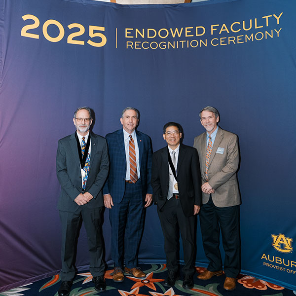 Pictured from left to right are Dr. Michael Tillson, College of Veterinary Medicine Dean Calvin Johnson, Dr. Ya-Xiong Tao and Department of Anatomy, Physiology and Pharmacology Head and Boshell Professor Robert Judd.