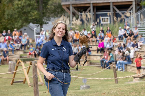 Woman holding red tailed hawk